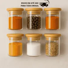 Kit 6 Potes de Vidro 220ml com Tampa de Bambu Hermético Mantimentos Condimentos Empilhaveis