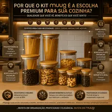 Jogo 10 Potes Hermetico Vidro Mantimentos Tampa Bambu Alimentos Cozinha