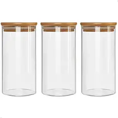 Conjunto Potes Herméticos Com 1000ml De Vidro Redondo Tampa De Bambu Mantimento Tempero Alimento