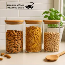 Kit 3 Potes de Vidro 800ml Tampa de Bambu Hermetico Premium Redondo Mantimentos Tempero Alimentos