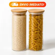 Kit 2 Potes de Vidro 1000ml Tampa de Bambu Hermetico Premium Redondo Mantimentos Tempero Alimentos