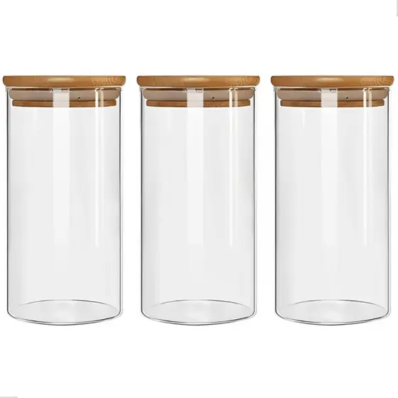 Conjunto 3 Potes Herméticos Com 800ml De Vidro Redondo Tampa De Bambu Mantimentos Tempero Alimento