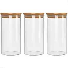 Conjunto 3 Potes Herméticos Com 800ml De Vidro Redondo Tampa De Bambu Mantimentos Tempero Alimento