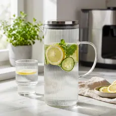 Jarra de Vidro Borossilicato 1,4L Tampa Inox Canelada Suco Chá Água Gelada Mesa  Presente Cozinha