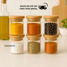 Kit 6 Potes de Vidro 200ml com Tampa de Bambu Hermético Mantimentos Condimentos Empilhaveis