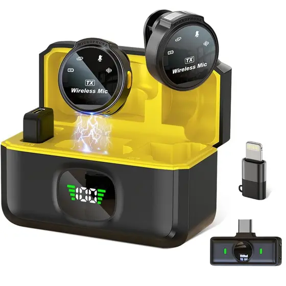 Microfone de Lapela Sem Fio Botão Redondo Imã Adaptador Tipo C e iPhone