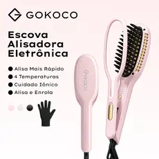 GOKOCO Escova Alisadora placas Alisa mais rápido 4 configurações de calor Cuidado capilar iônico Alisa e cacheia bivolt