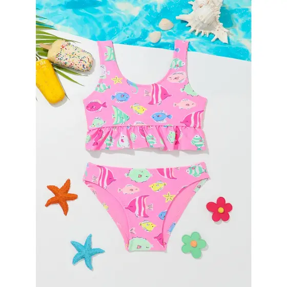 WD VEST Conjunto de Praia Infantil Feminino com Estampa de Peixes – Diversão e Estilo para as Pequenas Aventureiras! B3039