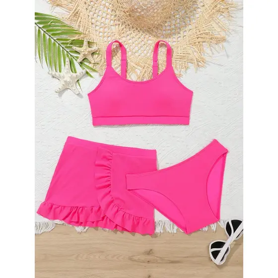 WD VEST Conjunto Praia Juvenil: Biquíni com Saída de Praia Canelada em Cor Lisa  2025 - J3028