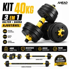 Kit Halteres 3 em 1 40kg Anilha Barra Musculação Academia Peso Ajustável Segurança e Durabilidade