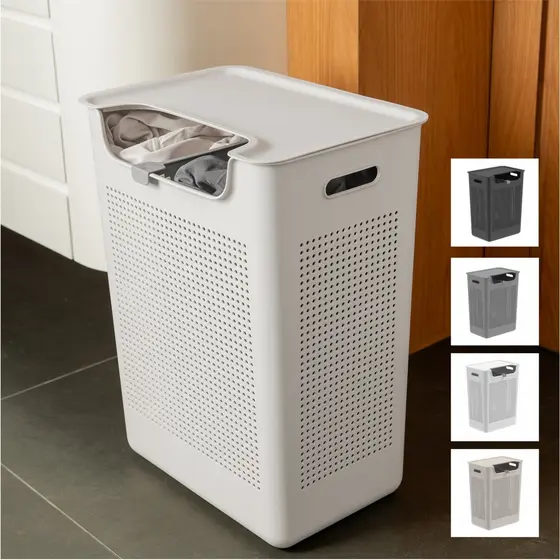 Cesto de Roupas Sujas Divisória Ajustável Posições Tampa 50L Flow Ou