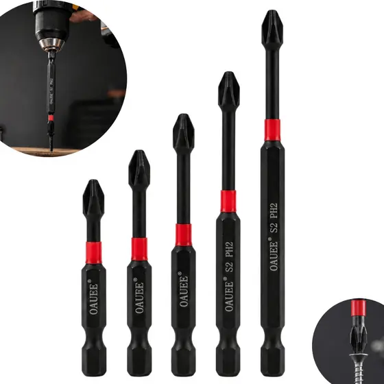 Kit 5 Bits Ponteiras PH2 Phillips Manéticas de Impacto Aço S2 Reforçado 50 a 150mm Parafusadeira