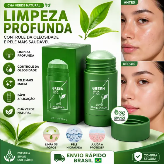Máscarafacialembastãodecháverde, remove cravos, combate a acne, hidrata, embeleza a pele do rosto, limpa e ilumina