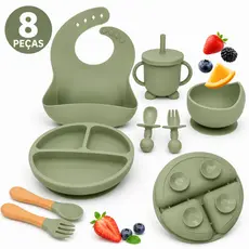 Talheres bebê silicone 8 Peças kit Talheres Infantil Com Ventosa Canudo Colher Babador Garfo NOVO 2026