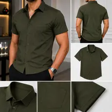 Camisa Social Masculina Manga Curta Elegante Lisa com Bolso