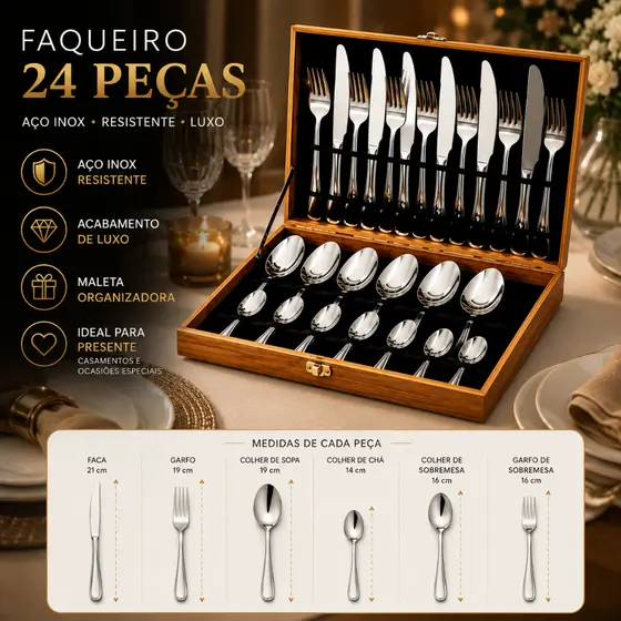 Kit Faqueiro Jogo Talheres 24/42 Peças Garfo Faca Colher Aço Inox Premium Caixa Talheres Sofisticado