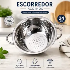 Escorredor de Arroz Inox 24cm com Furos Finos e Alças Laterais Escorredor Massa Macarrão