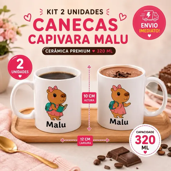 Kit com 2 Canecas de Cerâmica Capivara Malu 320ml – Estampas Livro e Em Pé Resistente