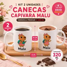 Kit com 2 Canecas de Cerâmica Capivara Malu 320ml – Estampas Livro e Em Pé Resistente