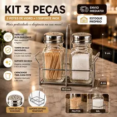 Kit 3 Peças Saleiro Paliteiro Vidro com Suporte de Ferro para Bar Restaurante Mesa