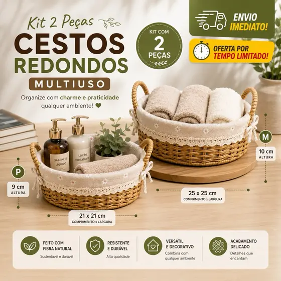 Kit 2 Cesto Organizador Redondo Palha com Tecido 2 Tam. Multiuso Casa Banheiro Pães Toalhas