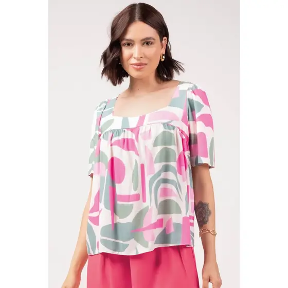 Blusa Feminina Ampla Geométrica Marialícia Rosa