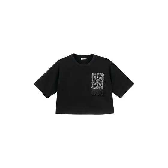 Blusa Feminina Estampa Com Franja Marialícia Preto
