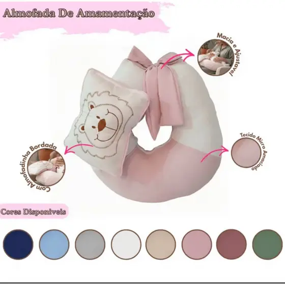 Almofada de Amamentação Multifuncional Com Zíper + Travesseirinho Bordado Várias Cores