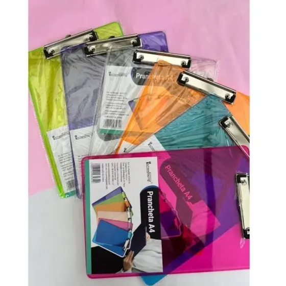 Prancheta Plástica Neon 32x22cm Ofício Clip Board A4 Transparente - Garras Metálicas PXT-02