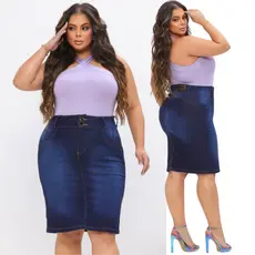 Saia Evangélicas Plus Jeans Moda Maior Feminina Lycra Lindo Modelo Secretária longa