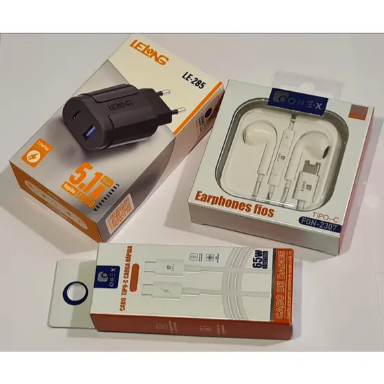 Kit Max Turbo Carga Rápida + Fone de ouvido Tipo C (Carregador 5,1 A, Cabo Tipo C e Fone de ouvido FON-2307)