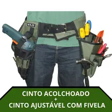 Cinto Duplo Solze Verde Militar para ferramentas. Bolsa Multiuso + Coldre para parafusadeira + cinto acolchoado e fivela