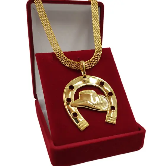 Conjunto Country Feminino 6mm Banhado a Ouro 18K: Cordão Laminado + Pingente Ferradura com Chapéu