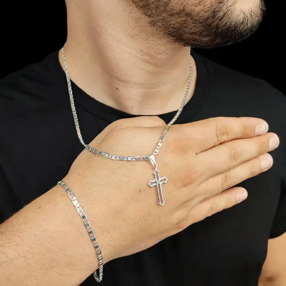 Cordão Corrente 2mm e Pingente Cruz Com Pulseira Em Prata Legítima 925 Masculina