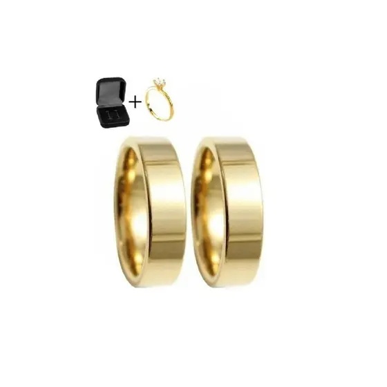 Par De Alianças 6mm Reta com Solitário para Casamento Feita em Tungstênio Banhado a Ouro 18K