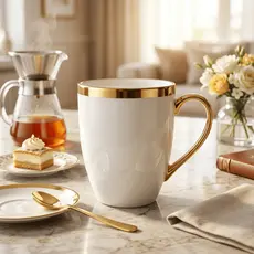 Caneca Porcelana 300ml Dourada Luxo - Royale / Xícara Estampa e Listra / Café, Chá / Mesa Posta