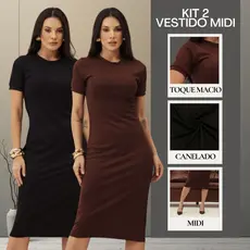 Kit 2 Vestido Canelado Midi Básico Trabalho Evangélica Casual Social Vestido Igreja Casamento