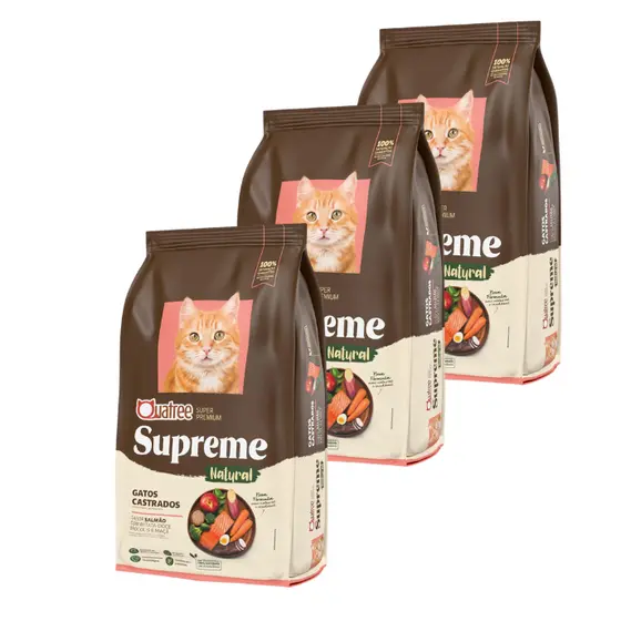 Kit 3 Pacotes de Ração quatree supreme para Gatos Castrados Salmão e Batata Doce