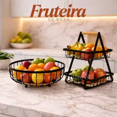 Fruteira de Mesa 2 Andares Ferro e Bambu Multiuso Organizador Cesto de Frutas Decorativa de Bancada