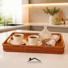 Bandeja de Vime Alça Resistente Organizadora Redonda Retangular Cesto para Servir Café Frios Grande