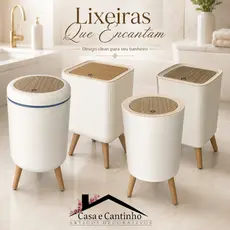 Lixeira De Plástico 9 ou 7 Litros Branca Com Pés e Tampa Click De Pressão Cozinha Banheiro Lavabo