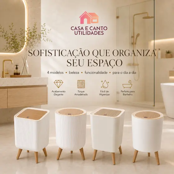 Lixeira Branca De Plástico 9 Litros Com Pés De Bambu Tampa Click De Pressão Cozinha Banheiro