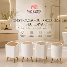 Lixeira Branca De Plástico 9 Litros Com Pés De Bambu Tampa Click De Pressão Cozinha Banheiro