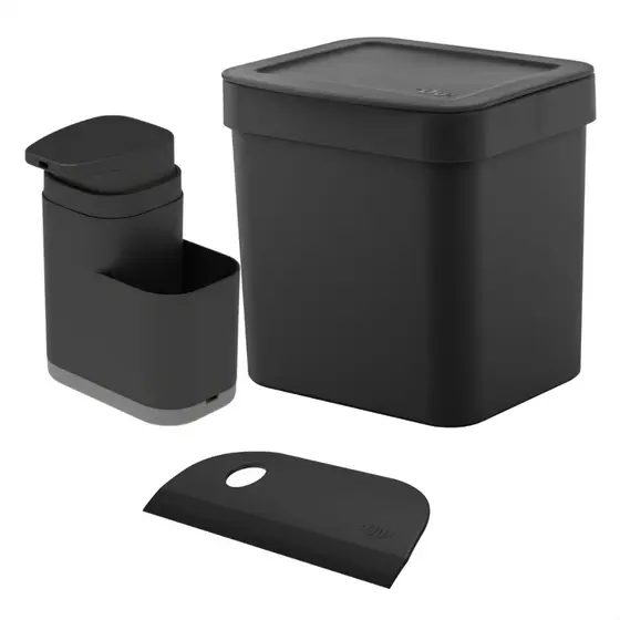 Kit Pia Dispenser Porta Detergente 550ml e Esponja Compacto Liv Com Rodinho e Lixeira 2,5 Litros Cozinha Ou