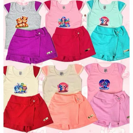 Conjunto Infantil Blusa e SHORT saia Estampa aleatoria Menina – Moda Verão Roupa Infantil Estilo Princesa Confortável