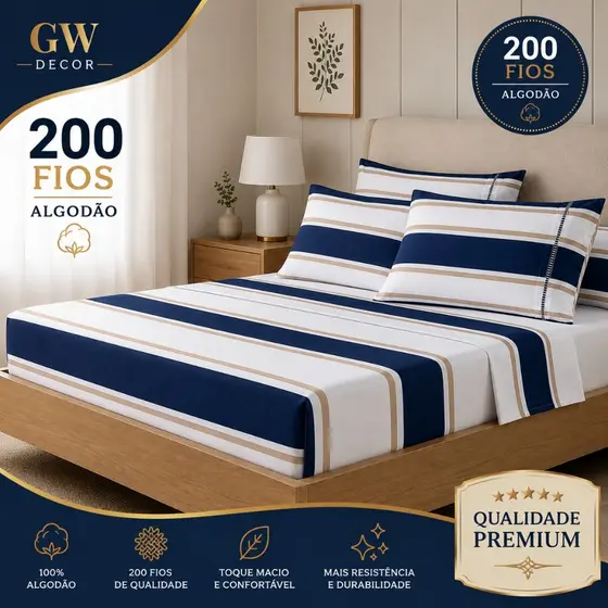 Jogo de Cama 200 Fios Listrado Azul Marinho Elegante Solteiro Casal Queen King Confortável Luxo