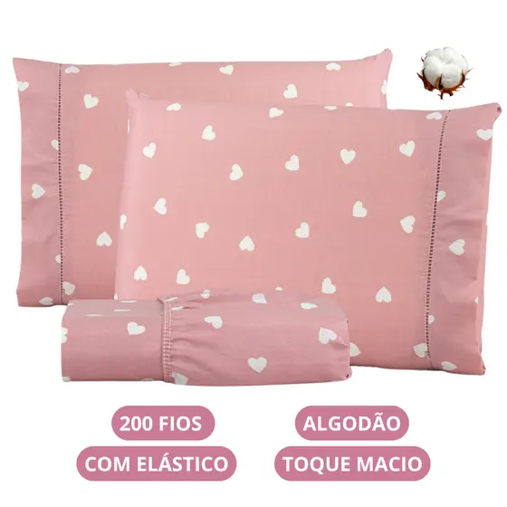 Jogo de Lençol Corações Algodão 200 Fios Solteiro Casal Queen King Toque Macio C/ Elástico