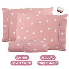 Jogo de Lençol Corações Algodão 200 Fios Solteiro Casal Queen King Toque Macio C/ Elástico