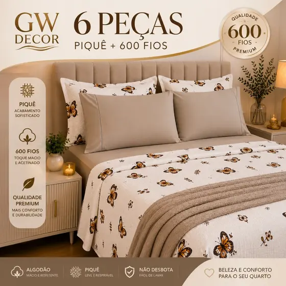 Jogo de Cama 6 Peças Premium Piquê Estampado + Liso 600 Fios Cama Posta Premium