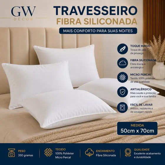 Travesseiro Premium 50x70 Micro Percal Fibra Siliconada 350g Toque Aveludado